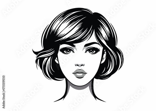 Retro style female portrait, black and white vector silhouette