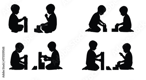 Silhouettes of children playing with building blocks in various poses