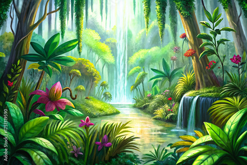 rainforest scene, exotic flowers, cascading vines, lush greenery, sunlight rays, jungle landscape