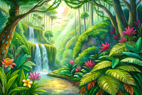rainforest scene, exotic flowers, cascading vines, lush greenery, sunlight rays, jungle landscape