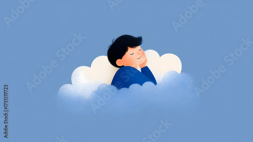Boy in cloud dreaming. Child imagination, sleep or meditation concept. Storytelling illustration for kid book or educational material.