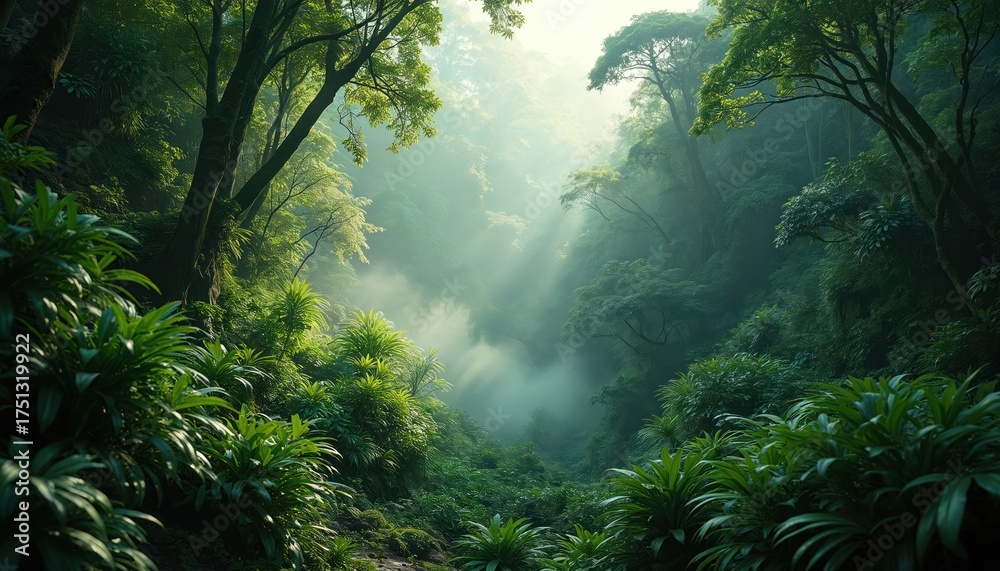 Fototapeta premium Dense rainforest with green plants, diverse trees. Misty atmosphere with morning sunlight filtering through foliage. Thick vegetation, tropical plants surround narrow path. Calm, serene natural