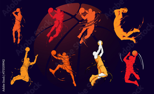 Dynamic Basketball Player Silhouette Set with Energetic Motion Effects, Jumping and Dunking Poses in Vibrant Red, Orange, and Yellow Colors on Dark Background for Sports Artwork and Athletic Designs