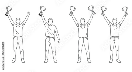 Four figures celebrating victory by raising trophies in the air