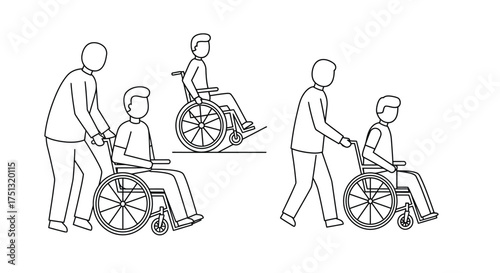 Simple line drawing illustrating people assisting others in wheelchairs