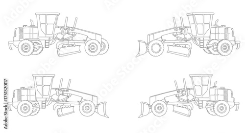 Detailed line drawing showcasing four views of a road grader vehicle