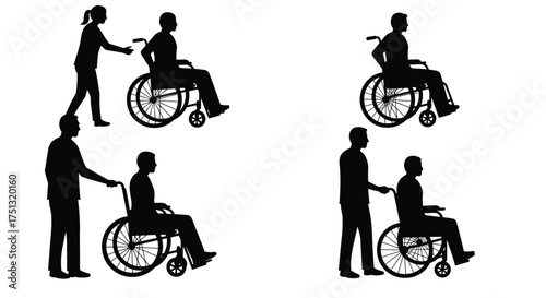 Silhouettes depicting assistance with wheelchair use and accessibility support