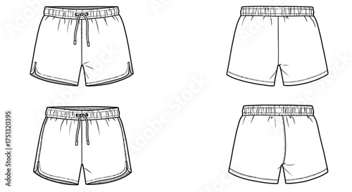 Technical fashion illustration of four pairs of casual shorts for men