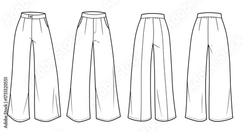Fashion technical illustration of four pairs of wide leg trousers displayed