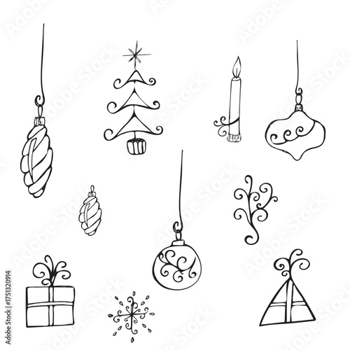 Vector Christmas doodle set with hand drawn holiday elements tree, candle, gift, baubles, snowflake, pinecones, black line art illustration for cards, stickers, posters, and winter design projects.