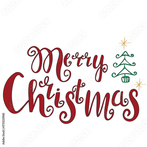 Merry Christmas hand lettering quote with decorative Christmas tree and golden stars. vector festive red and green typography design for greeting cards, posters, stickers, and holiday branding.