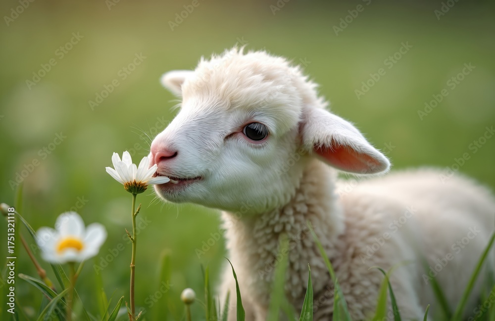Obraz premium Cute white lamb smelling a flower in a green meadow. Young sheep exploring nature, sniffing a white daisy. Baby lamb in a field with green grass and flowers.