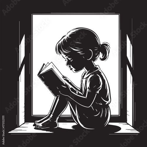 Detailed Silhouette of a Child Reading a Book