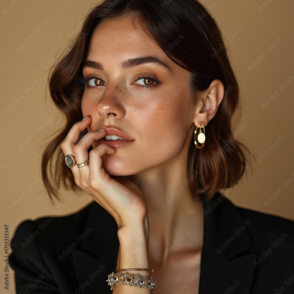 Fototapeta premium Woman with freckles and styled hair wears gold jewelry including earrings rings and bracelet. She looks into camera with subtle makeup and black jacket.
