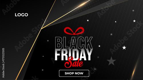 Black Friday Sale Banner with Luxury Black and Gold Design, Modern Promotional Layout Featuring Stars, Ribbon Bow, Bold Typography, and Call-to-Action Button for Shopping and Marketing Ads