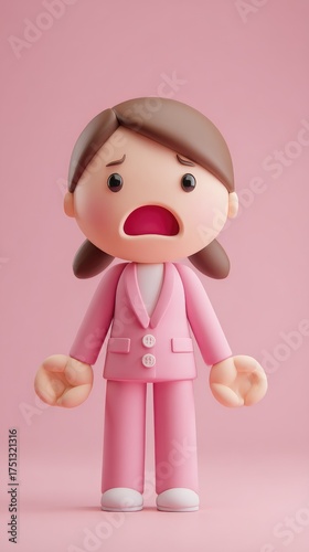 Worried woman in pink suit, cartoon character, looking concerned.