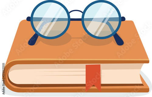 Illustration of a closed, orange book with a red bookmark and a pair of blue round glasses resting on top.