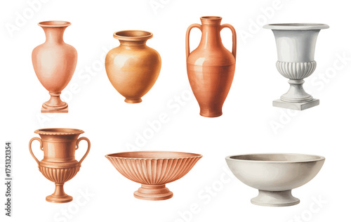 Hand painted terracotta in watercolor style. Antique pottery collection of amphora and urn shapes in watercolor.