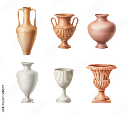 Hand painted terracotta in watercolor style. Antique pottery collection of amphora and urn shapes in watercolor.