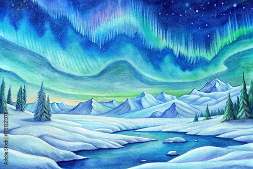 Watercolor vector arctic tundra, snow plains, northern lights, polar bears, icy blue hues, winter landscape, majestic nature, adventure poster, wilderness art