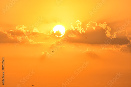 Golden sunrise over the sea in Paralia, Katerini, Greece.