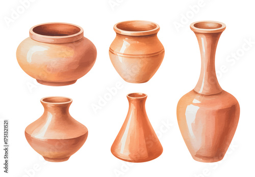 Watercolor illustration of handcrafted terracotta vessels. Terracotta pottery vases.