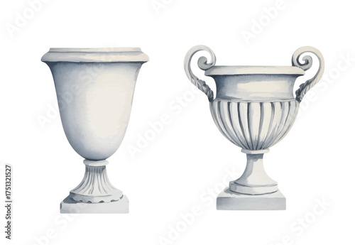 Elegant marble urns painted in soft watercolor style. Antique sculpted urn pair with graceful curves in watercolor.