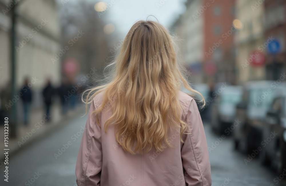 Fototapeta premium Blond teenage girl walks alone on city street. Long wavy hair, wears pink jacket. Back faces camera. Urban background shows blurred buildings, distant people, suggesting feelings of loneliness,