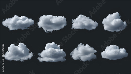Collection of eight fluffy white cumulus clouds rendered in a distinct silhouette style against a dark background