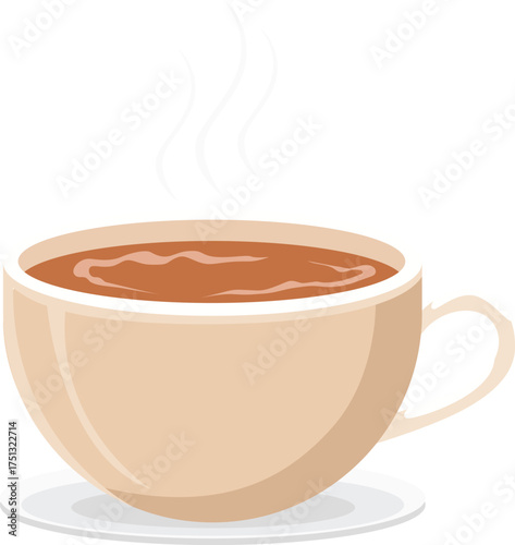 A stylized illustration of a beige cup filled with a steaming brown beverage, resting on a white saucer.