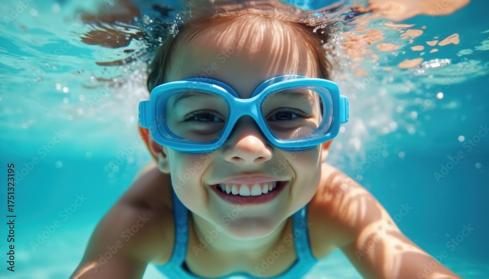 Fototapeta premium Young girl swims underwater in blue pool. Child wears bright blue goggles with big smile. Glides through clear water, sunlight creating ripple patterns. Happy kid plays, learns swimming, enjoys cool