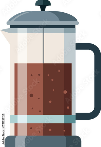 Illustration of a French press coffee maker filled with brewed coffee, showcasing its clear glass body and dark liquid contents.