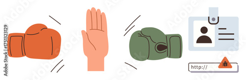 Boxing gloves facing off, raised hand stopping conflict, and ID badge with web security alert emphasizing themes of conflict resolution, identity protection, and communication. Ideal for teamwork