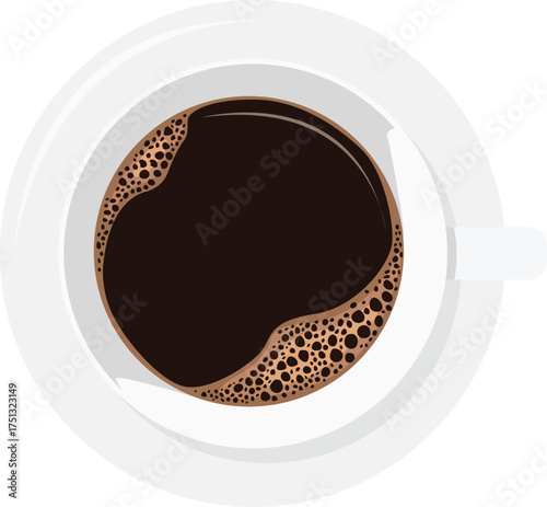 Overhead view of a cup of black coffee with foam, sitting in a white saucer.