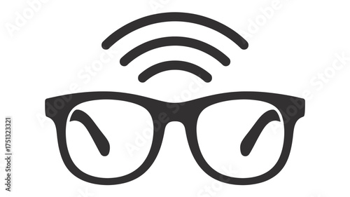 Iconic silhouette of modern eyeglasses with a subtle signal wave emanating from the top representing smart technology or connectivity silhouette