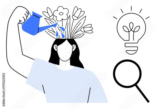Woman watering flowers on her head, symbolizing growth. Nearby light bulb and magnifying glass for creativity and exploration. Ideal for personal development, knowledge, creativity, innovation