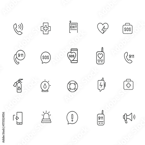 Emergency and Safety Line Icons Set | SOS, First Aid, 911, Alert, and Rescue Vector Symbols for Apps and Infographics