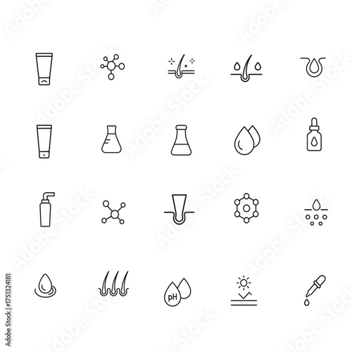 Skincare and Dermatology Line Icons Set | Cosmetic, Serum, Hydration, Hair Care, and Beauty Science Vector Symbols for Product and Packaging Design