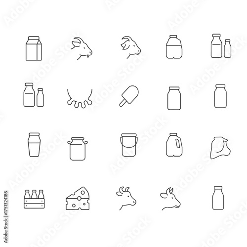Dairy and Milk Product Line Icons Set | Cow, Goat, Cheese, Bottle, and Cream Vector Symbols for Packaging and Food Design
