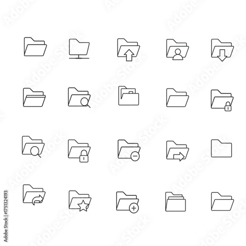 File and Folder Management Line Icons Set | Data Storage, Upload, Security, and Organization Vector Symbols for App and Web UI Design