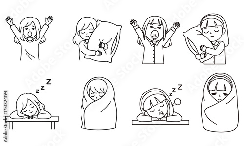 Illustrations of a Young Girl Exhibiting Various Stages of Sleepiness and Comfort in Bed