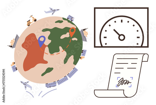 Earth with logistics routes, tracking markers, speedometer for performance, signed document symbol. Ideal for delivery, transportation, tracking, documentation, logistics time efficiency simple