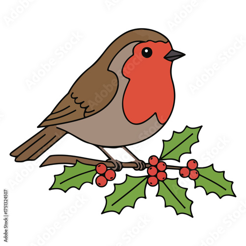 Festive Robin Illustration Perched on a Holly Branch Adorned with Bright Red Berries a Charming Winter Holiday Scene