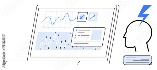 Laptop screen displays graphs, analytics, and data tools. Side profile head icon with lightning signifies innovation, problem-solving, creativity. Ideal for tech, business, education data