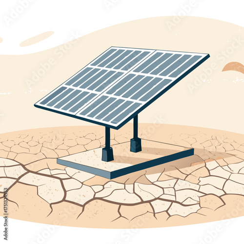 Solar panel on cracked dry ground. Clean energy in arid zone