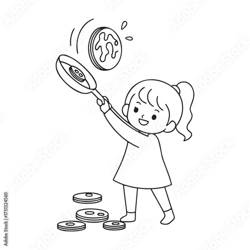 Delightful Drawing of a Girl Skillfully Flipping a Pancake with a Pan Among Deliciously Stacked Pancakes