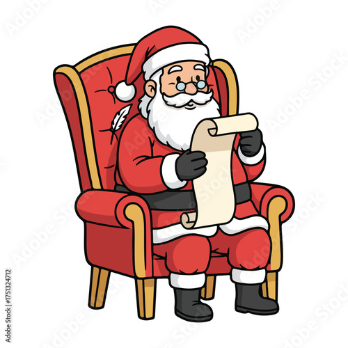 Santa Claus Checking His Naughty and Nice List While Relaxing in a Red and Gold Armchair