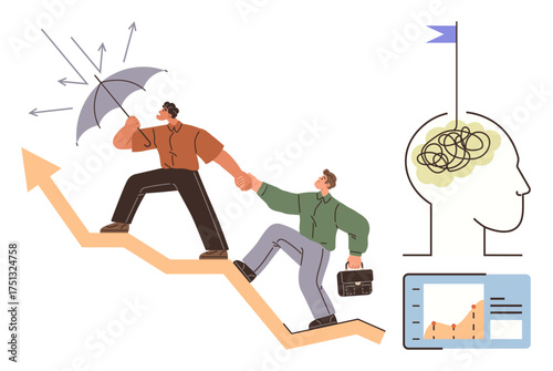 Colleagues climbing an upward graph, facing challenges, holding hands. Umbrella, tangled thoughts, growth chart, and goal flag. Ideal for teamwork, leadership success resilience problem-solving