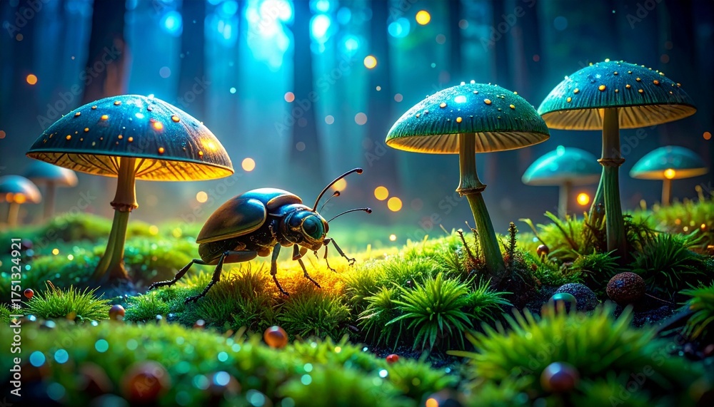 Fototapeta premium Enchanting beetle explores glowing mushrooms in a magical forest, perfect for whimsical designs and fantasy illustrations, evoking wonder and adventure.