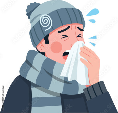 A man wearing a hat and scarf is sneezing into a tissue, showing symptoms of a cold or flu.